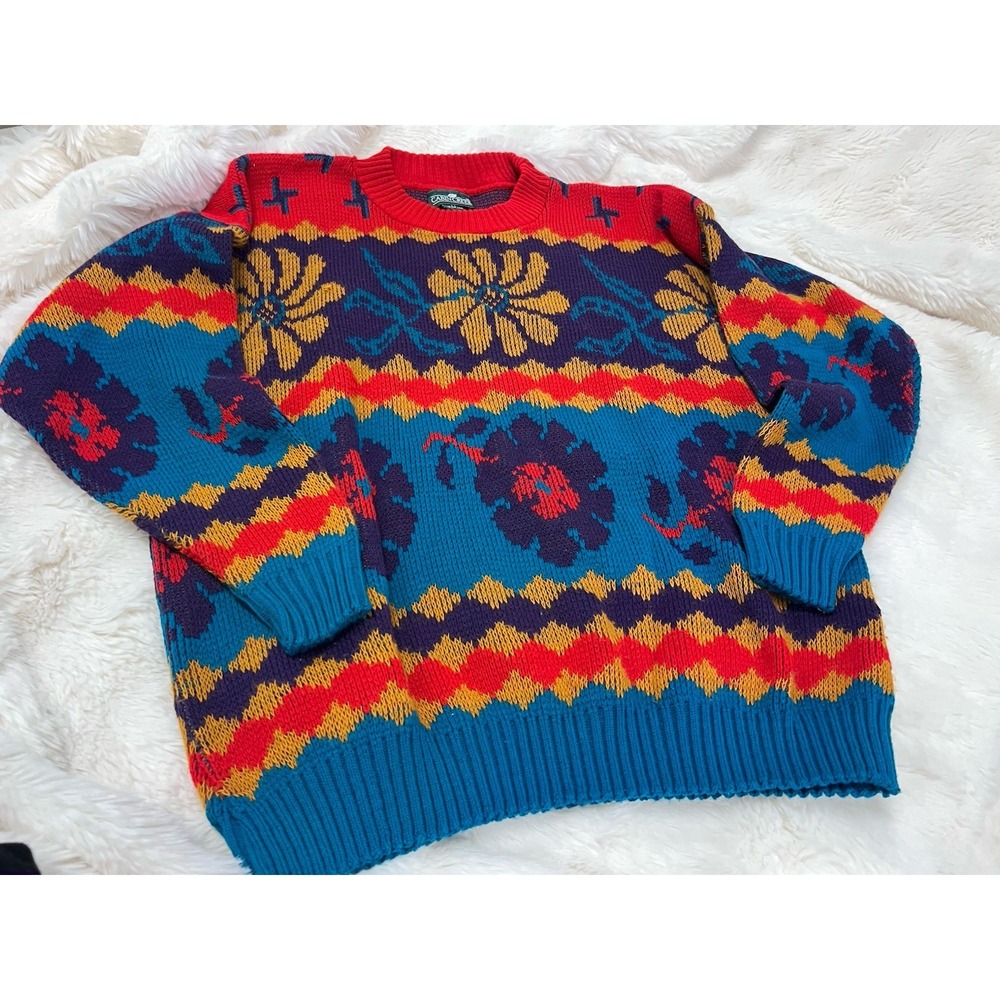 90s Vintage Sweater M Womens Geometric Flower Color Block Grandma Grandpa